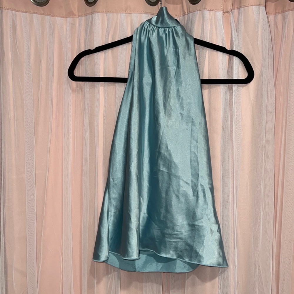 Y2K Satin Teal Halter Neck Blouse